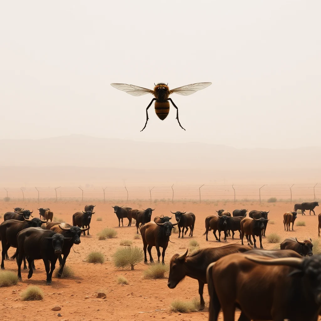 A giant bee hovers over a herd of buffalo in a dusty, desert landscape.