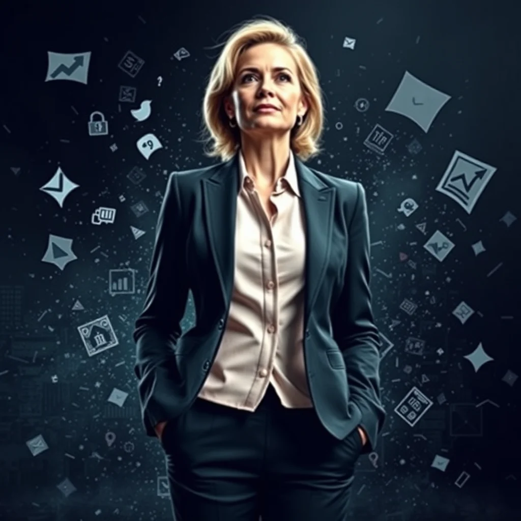 A blonde woman in a dark blue suit stands with her hands in her pockets, looking upwards with a determined expression. Various business-related icons, such as graphs, envelopes, and locks, float around her against a dark, starry background.