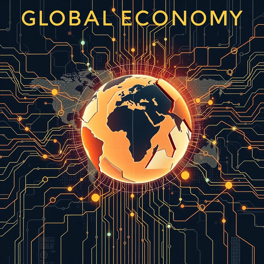 A stylized globe with a digital circuit board overlaying a faint world map. The globe is a warm orange hue and appears to be segmented, with glowing lines tracing its continents. The circuit board is intricate, with thin orange and yellow lines connecting small, glowing nodes against a dark background. The words "GLOBAL ECONOMY" are prominently displayed in large, yellow, sans-serif letters at the top of the image.
