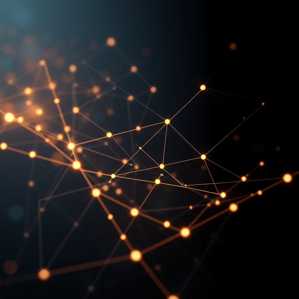 A dark background with a network of glowing orange dots connected by thin lines, creating a complex, interconnected structure.