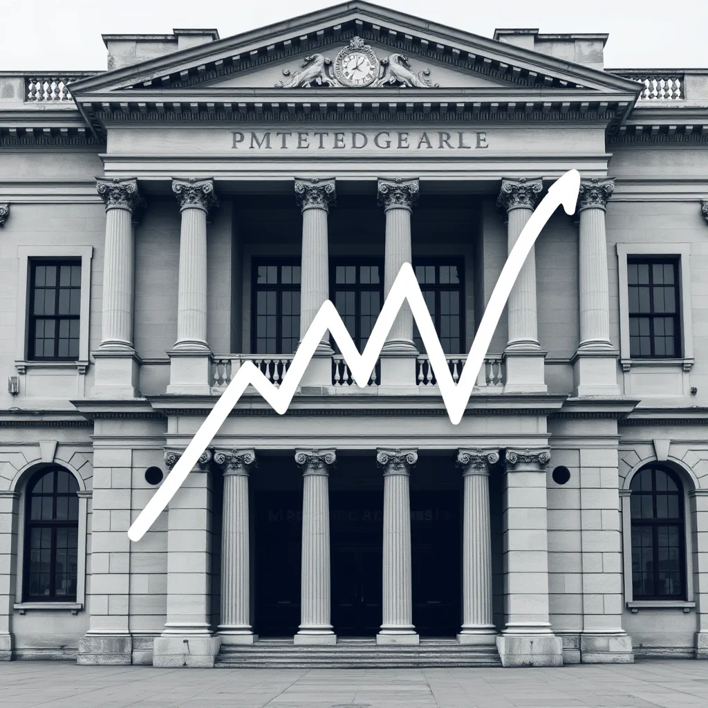 A white line graph with upward trending peaks and troughs is superimposed over a grayscale image of a classical building with columns and windows.