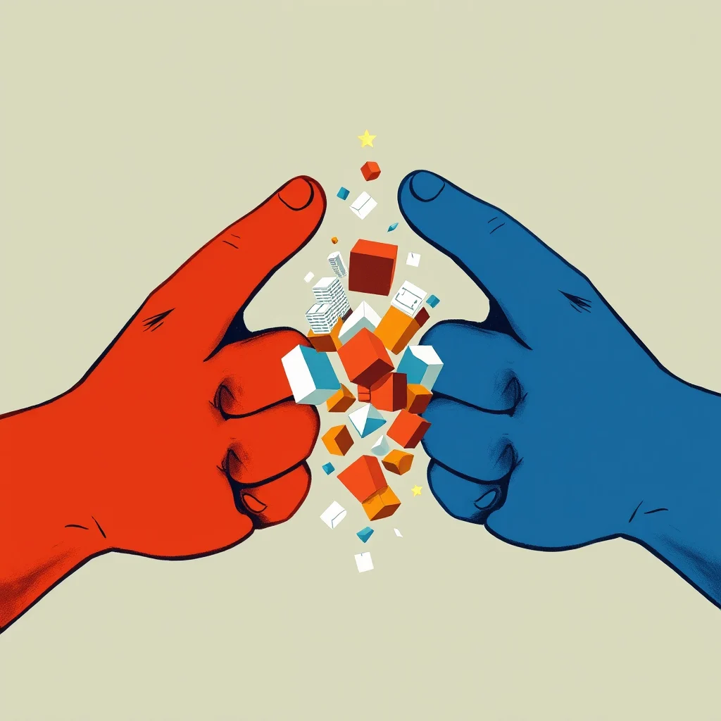 Two hands, one red and one blue, are pushing towards each other, with a cluster of colorful blocks and buildings in between them, suggesting conflict or a collision of ideas.