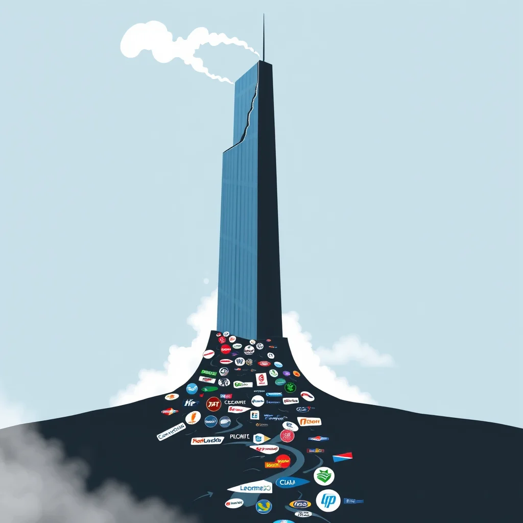 A cracked, blue skyscraper spews a stream of corporate logos that cascade down like a waterfall onto a dark, smoky surface.