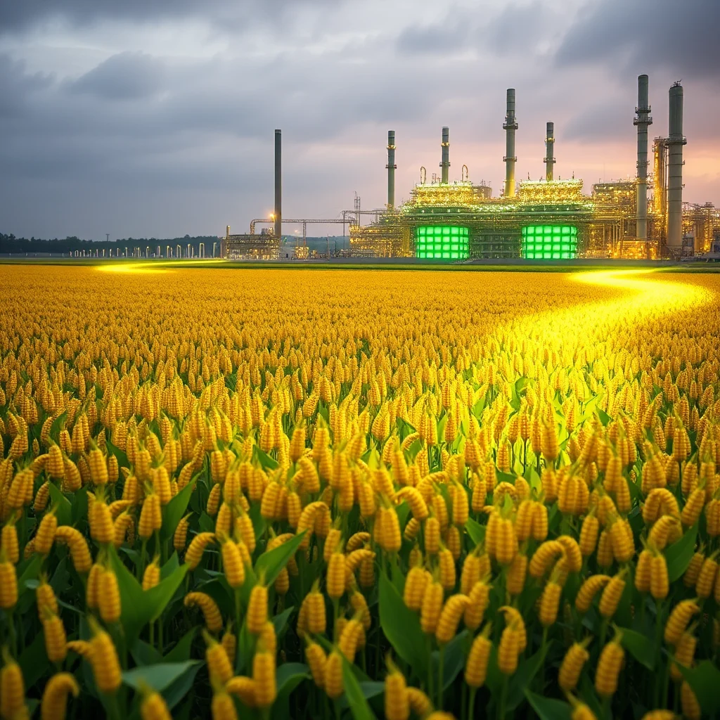 A vast field of golden corn stalks stretches towards a glowing industrial complex under a dusky, cloudy sky, with a bright yellow, wavy path of light cutting through the cornfield towards the plant.