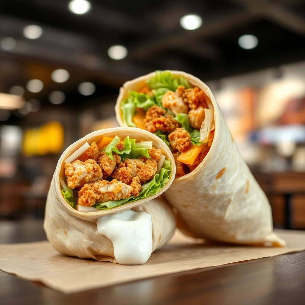 Two chicken wraps with lettuce and cheese, served on parchment paper with a dollop of sauce.