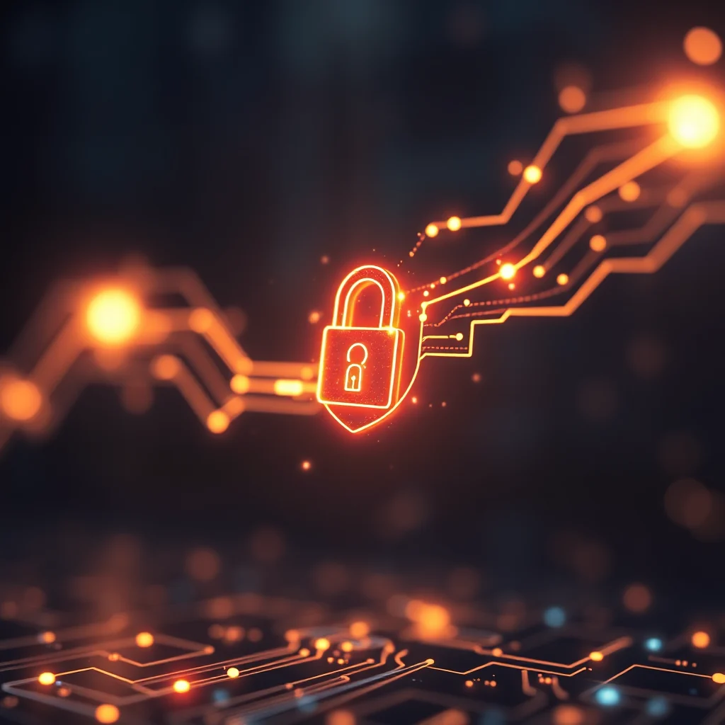 A neon orange lock and shield icon glows in the center of the image, connected by flowing lines of light to a circuit board pattern below and to the right.