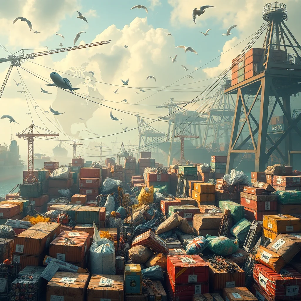 A busy cargo port with many shipping containers and cranes under a cloudy sky with seagulls flying.