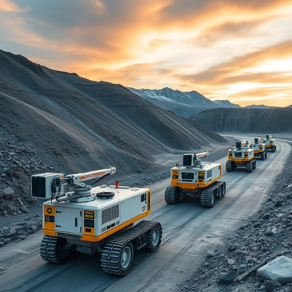 A line of white and orange tracked robots with articulated arms drive down a dusty dirt road in a barren, mountainous landscape during sunset.