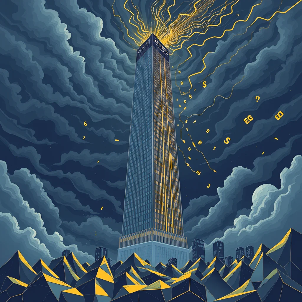 A tall, slender skyscraper with glowing yellow windows and lights, piercing a dark, cloudy sky. The skyscraper has a logo on top, and yellow lightning-like tendrils emanate from it, weaving through the clouds and surrounding stylized, geometric, golden-edged mountain peaks in the foreground. Scattered throughout the sky are yellow dollar signs, numbers, and letters like "EG."
