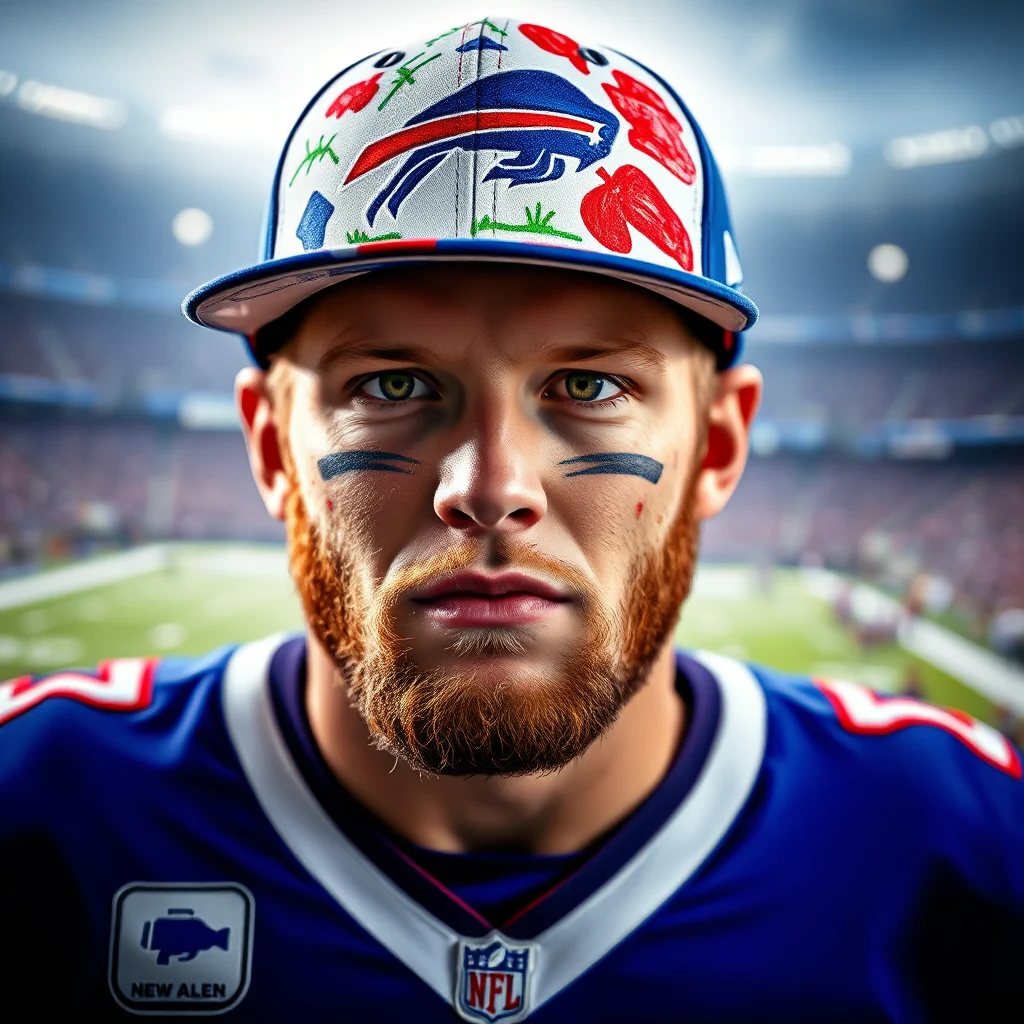 Close-up portrait of an American football player with reddish-brown hair and beard, wearing a blue and white baseball cap with red pepper designs and the Buffalo Bills logo. He has green eyes and black eye black smeared on his cheeks. He is wearing a blue football jersey with white trim and a white V-neck collar. In the background, a blurred football stadium with spectators and a green field is visible.