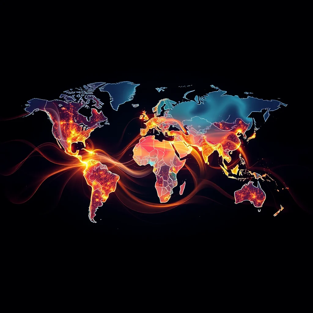A stylized world map on a black background, with continents outlined in glowing white. The continents are filled with vibrant colors, shifting from blues in the north to fiery oranges and reds in the equatorial regions. Streaks of golden and orange light emanate from the continents, creating a wave-like pattern across the map, suggesting energy or connectivity.