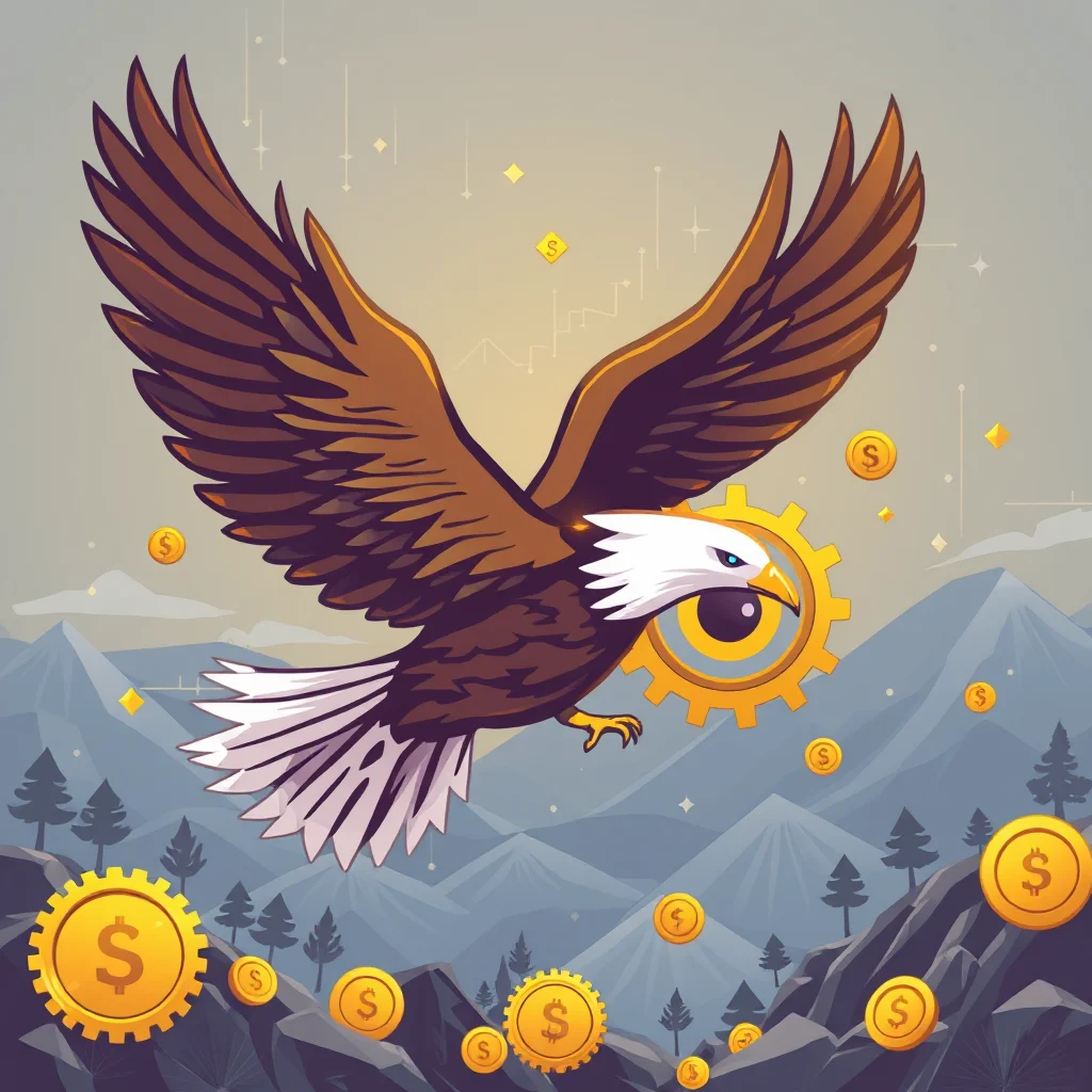 A majestic eagle with brown wings and a white head is flying over a mountainous landscape. It is surrounded by gold coins with dollar signs on them and a golden gear with an eye in the center. The sky is a gradient of light and dark gray, with some faint lines suggesting a stock market graph in the background.