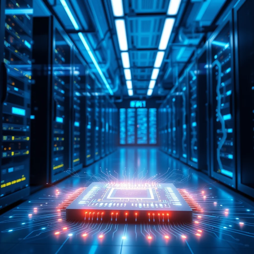 A futuristic server room with rows of glowing blue servers and a central, illuminated CPU with glowing circuits.