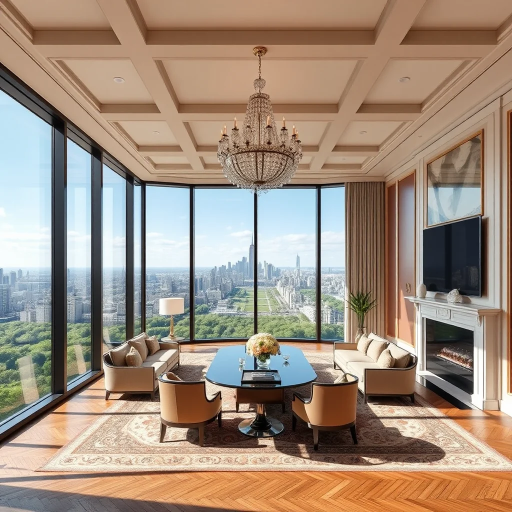 A luxurious living room with a stunning panoramic view of a cityscape and Central Park, featuring a grand crystal chandelier, comfortable seating, a dining table, and a fireplace.
