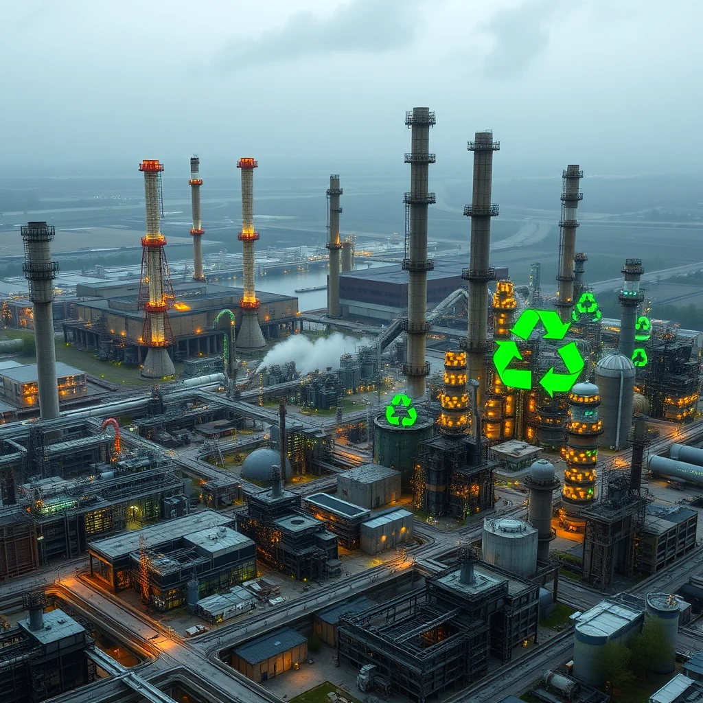 An aerial view of an industrial complex at dusk, featuring numerous tall smokestacks and intricate piping systems illuminated by warm lights. Three prominent green recycling symbols are superimposed on the image: one on a lower structure on the left, and two larger, overlapping symbols in the center-right, positioned near a cluster of glowing smokestacks. The overall impression is a juxtaposition of heavy industry with a message of environmental sustainability.