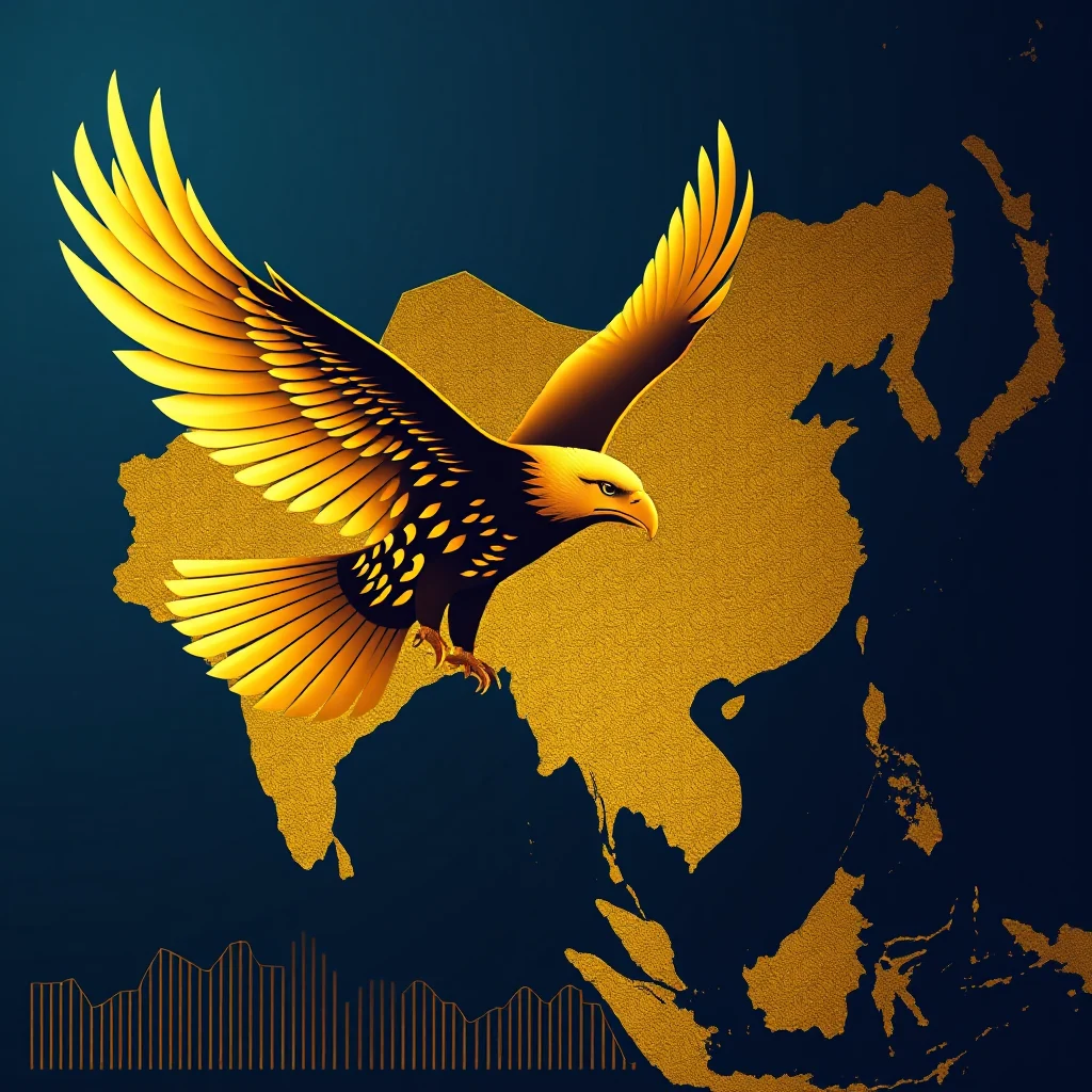 An illustration of a golden eagle flying over a golden map of Asia against a dark blue background.
