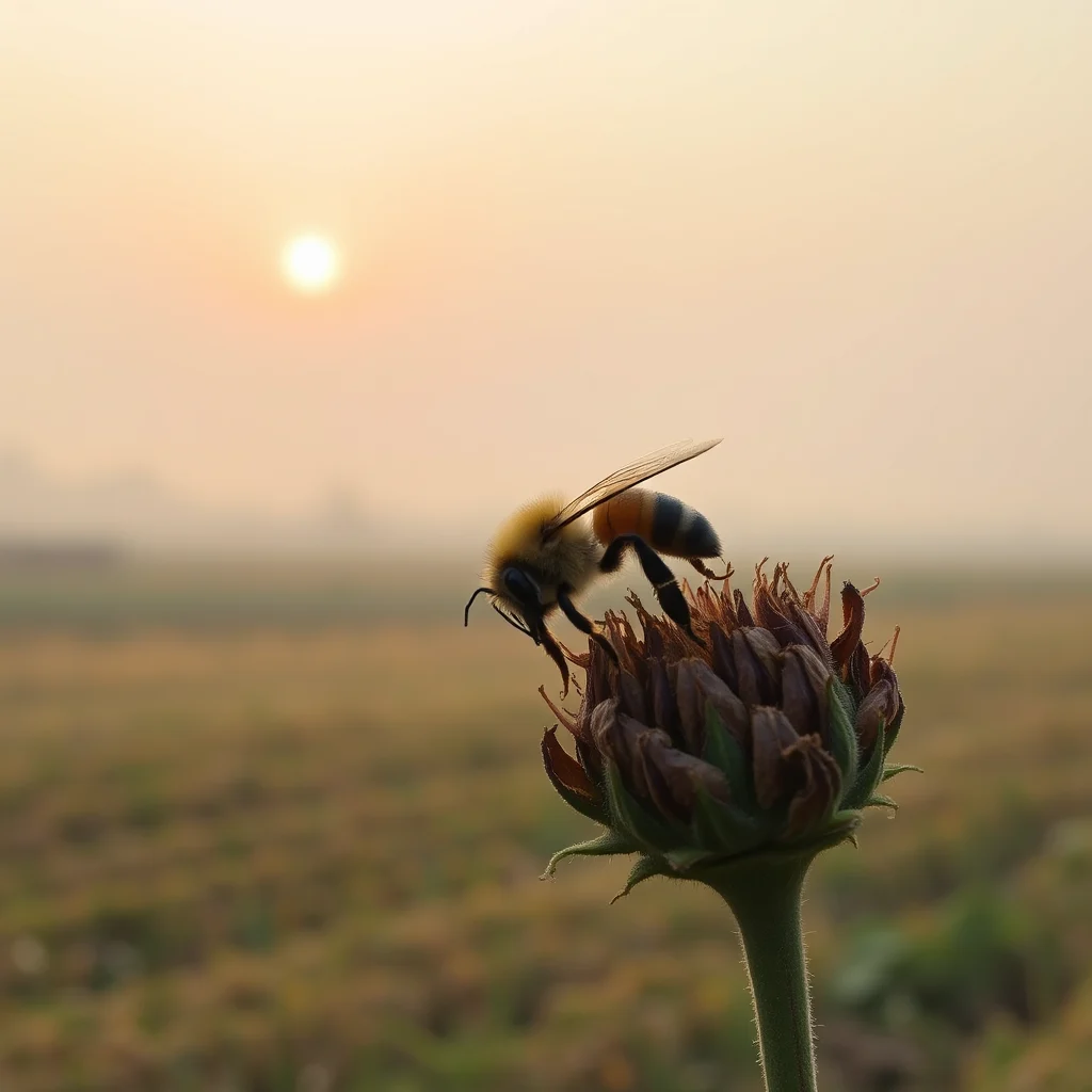 A bee rests on a dried flower bud as the sun sets behind it.