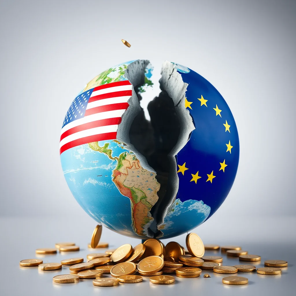 A cracked globe with the US flag on one side and the EU flag on the other, with gold coins scattered around the base.
