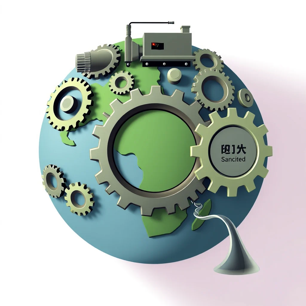 A 3D illustration of planet Earth covered in gears, with a factory machine on top.