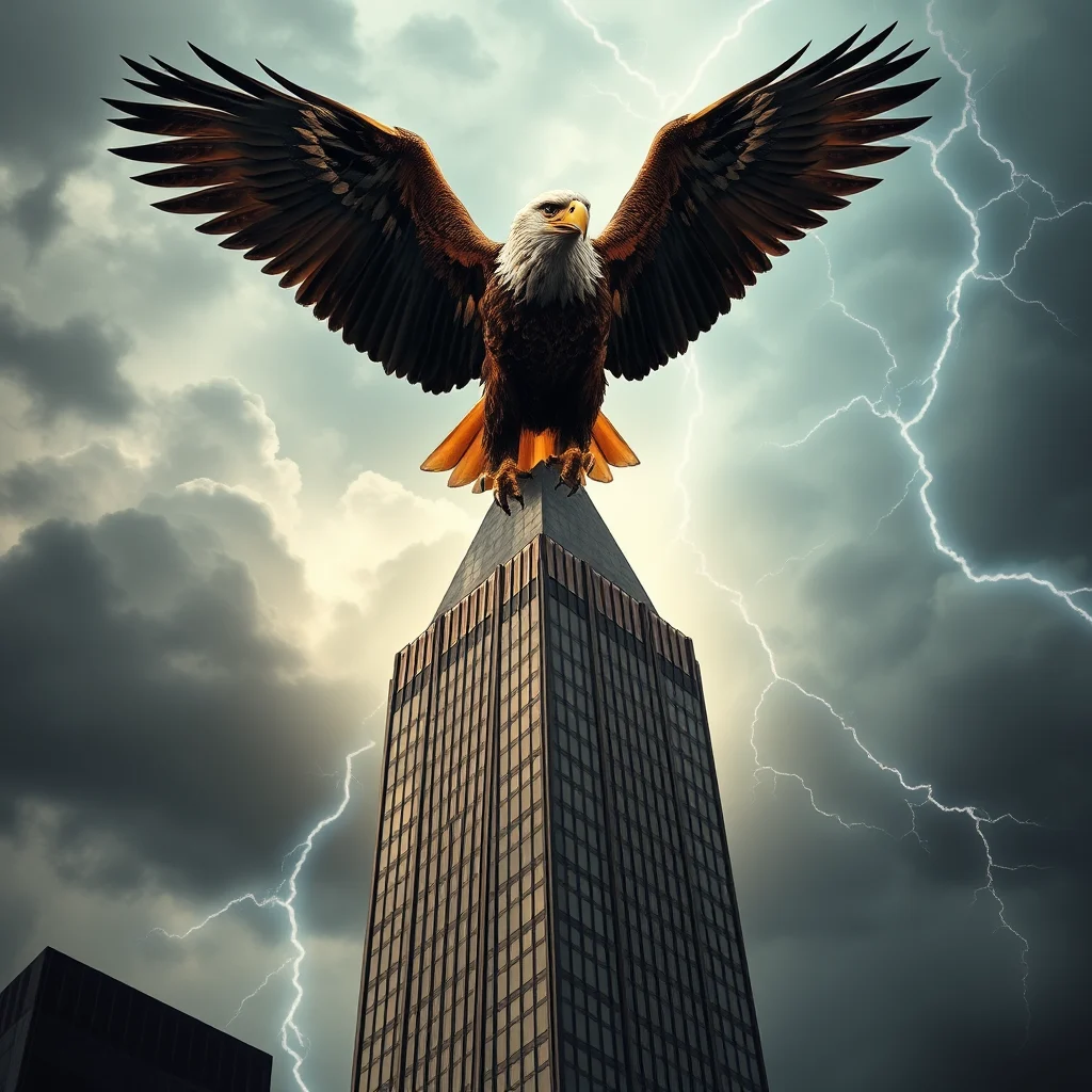A bald eagle with its wings spread wide perches atop a skyscraper, with lightning striking in the stormy sky behind it.