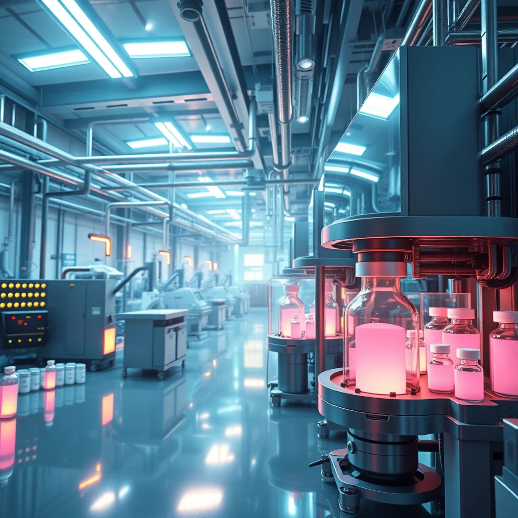 A modern, sterile laboratory or factory setting with rows of gleaming machinery and bright fluorescent lighting. In the foreground, a pharmaceutical bottling machine is in operation, with several glass vials filled with a glowing pink liquid. The vials are positioned on a rotating carousel, suggesting an automated process. The background reveals a long corridor lined with similar equipment, all illuminated by the cool, blueish glow of the overhead lights, creating a futuristic and highly organized atmosphere.