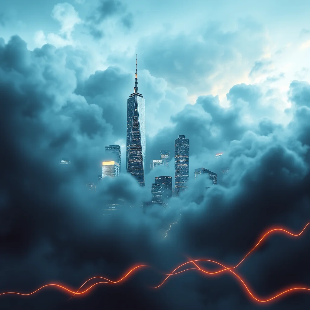 A skyscraper piercing through dramatic, moody clouds, with bright orange light trails weaving across the foreground.
