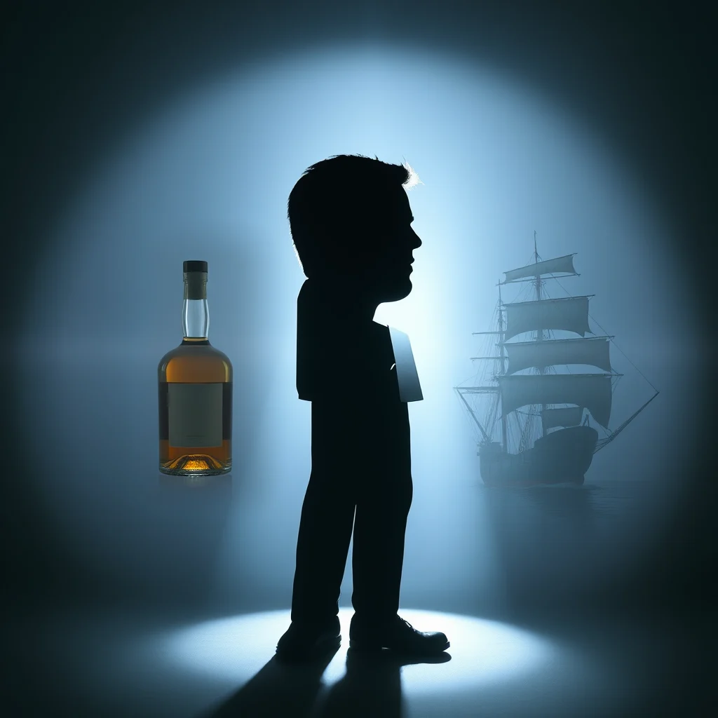 A silhouette of a man in a suit stands in a spotlight, with a bottle of whiskey to his left and a sailing ship in the foggy background.