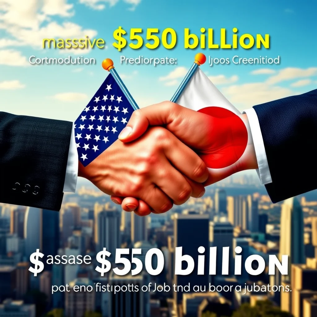 Two men in suits shake hands, with the American flag on one man's sleeve and the Japanese flag on the other's. In the background, a city skyline is visible under a bright blue sky. The text "$550 billion" is prominently displayed in yellow at the top and white at the bottom, along with illegible words like "masssive," "Cortmodution," "Prediorpate," "ljoos Creenitiod," "assase," and "pat eno fistipotts of Job tnd au boor a jubatons."