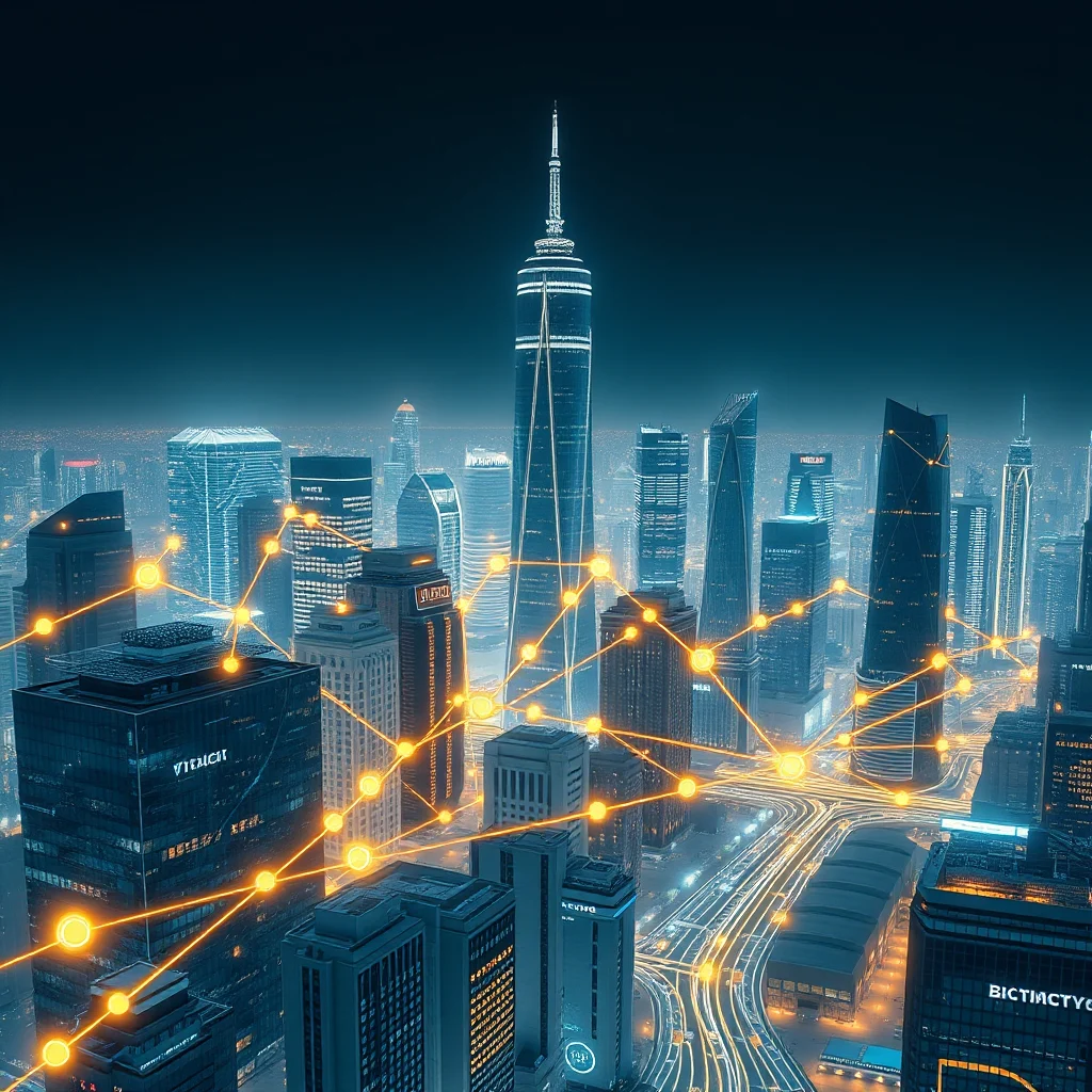 A network of glowing orange lines and nodes overlays a nighttime aerial view of a modern city skyline, with illuminated skyscrapers and a busy highway system below.
