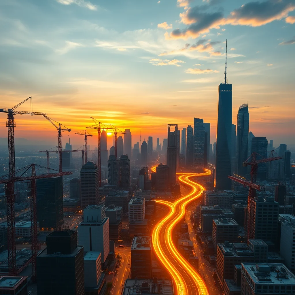An aerial view of a modern city at sunset, featuring numerous construction cranes and tall skyscrapers. A vibrant, winding road illuminated with glowing orange lights cuts through the urban landscape, creating a striking contrast against the twilight sky.