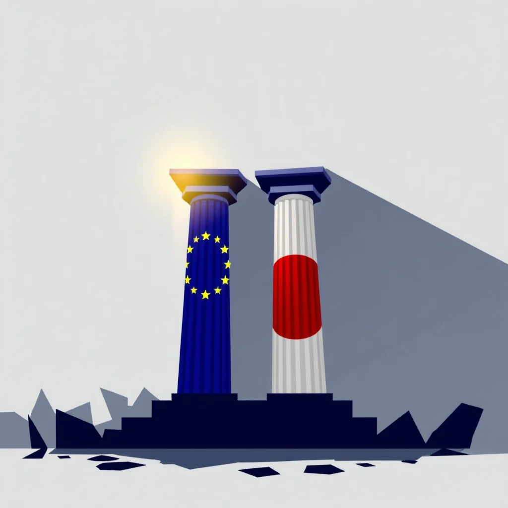 Two pillars standing side-by-side. The left pillar is the European Union flag, and the right pillar is the Japanese flag. They are both on a dark blue base with jagged pieces breaking off from the bottom. The background is a light grey with a soft yellow glow above the left pillar.
