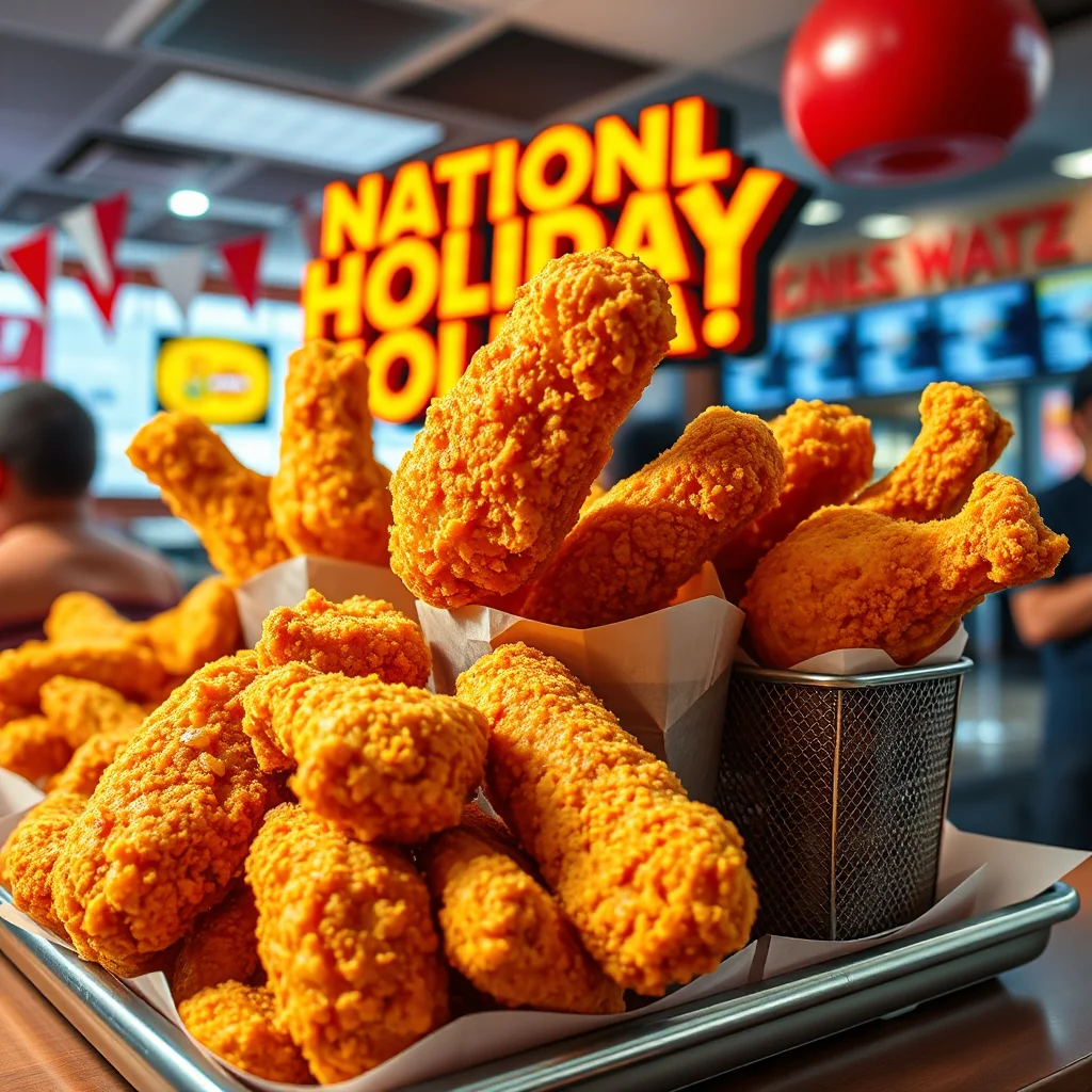A close-up shot shows a large quantity of golden-brown fried chicken pieces, including tenders and drumsticks, artfully arranged on a metal tray. The chicken is coated in a crispy, textured batter and some pieces are presented in paper-lined cups and a wire basket. In the background, a bright neon sign with the words "NATIONAL HOLIDAY!" in large orange letters is visible, along with other blurred restaurant signage and patrons.