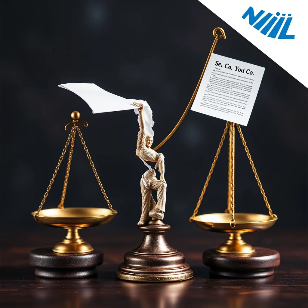 A golden balance scale with a paper being ripped in half by two small human figures. The scale on the left is empty. The scale on the right holds a piece of paper with text on it. There is a logo in the top right corner of the image.
