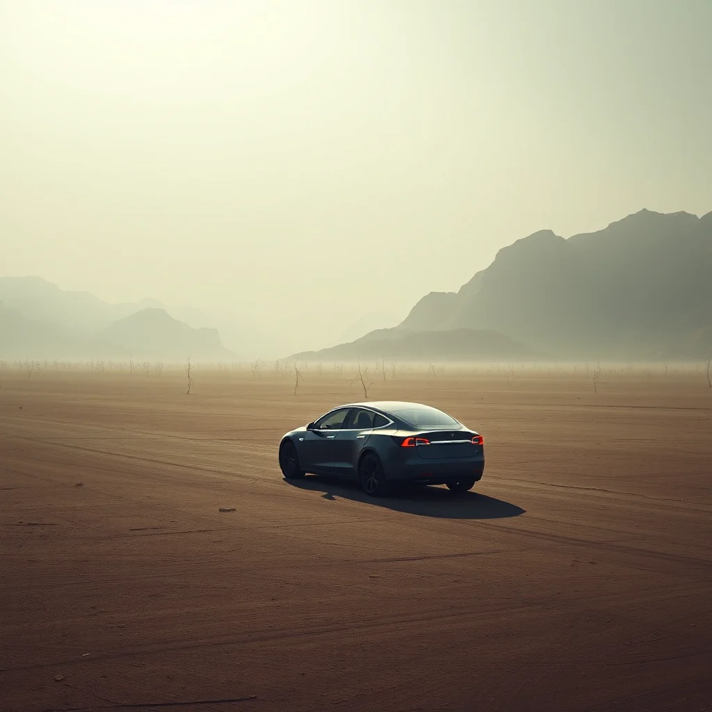 A dark blue Tesla Model S drives on a dusty, barren plain, with a hazy, mountainous landscape in the background under a bright, washed-out sky.