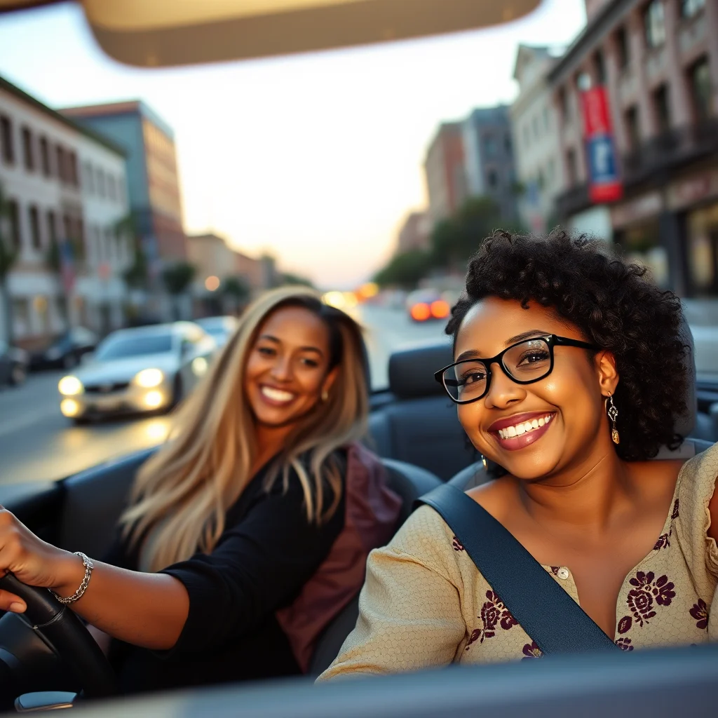 Two smiling women in a convertible on a city street at dusk, one wearing glasses.