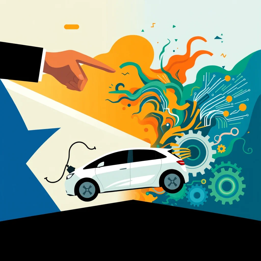 An illustration depicts a white electric car being charged, with a charging cable connected to it. A large hand in a black suit jacket points at a vibrant, organic-looking mass of green and orange shapes that transition into a digital circuit board design. Gears are shown on the right side of the illustration, suggesting technology and innovation.