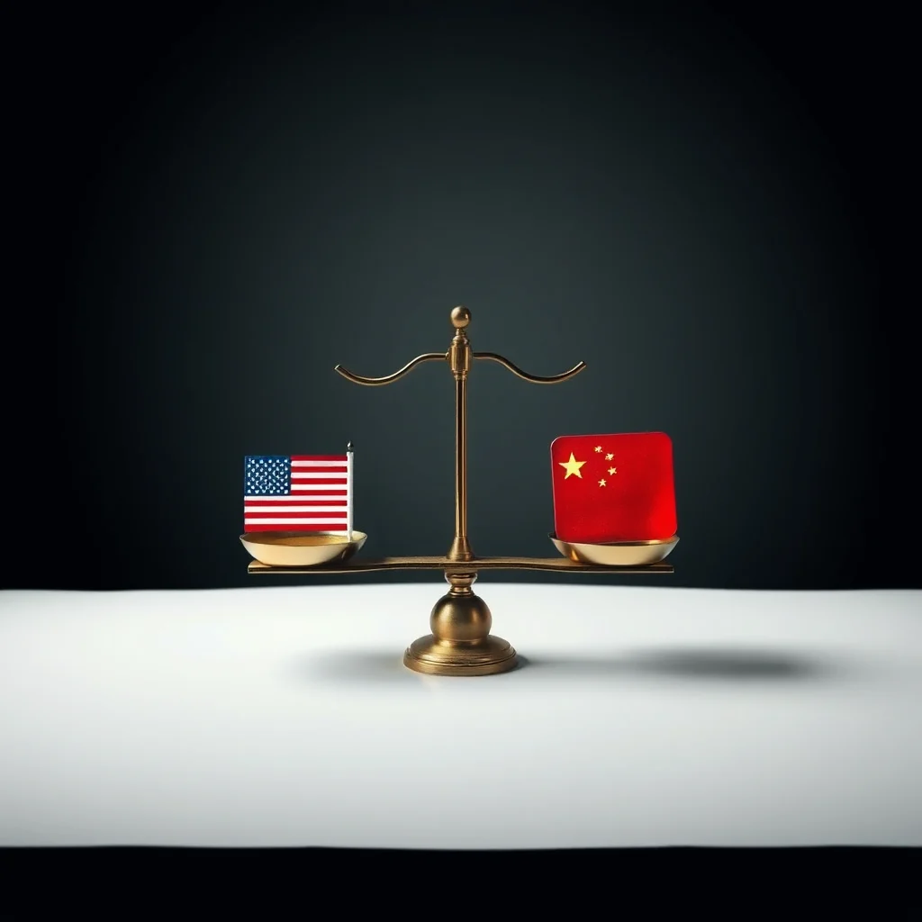 A golden balance scale is positioned on a white surface against a dark background. On the left pan of the scale is the flag of the United States, and on the right pan is the flag of China.