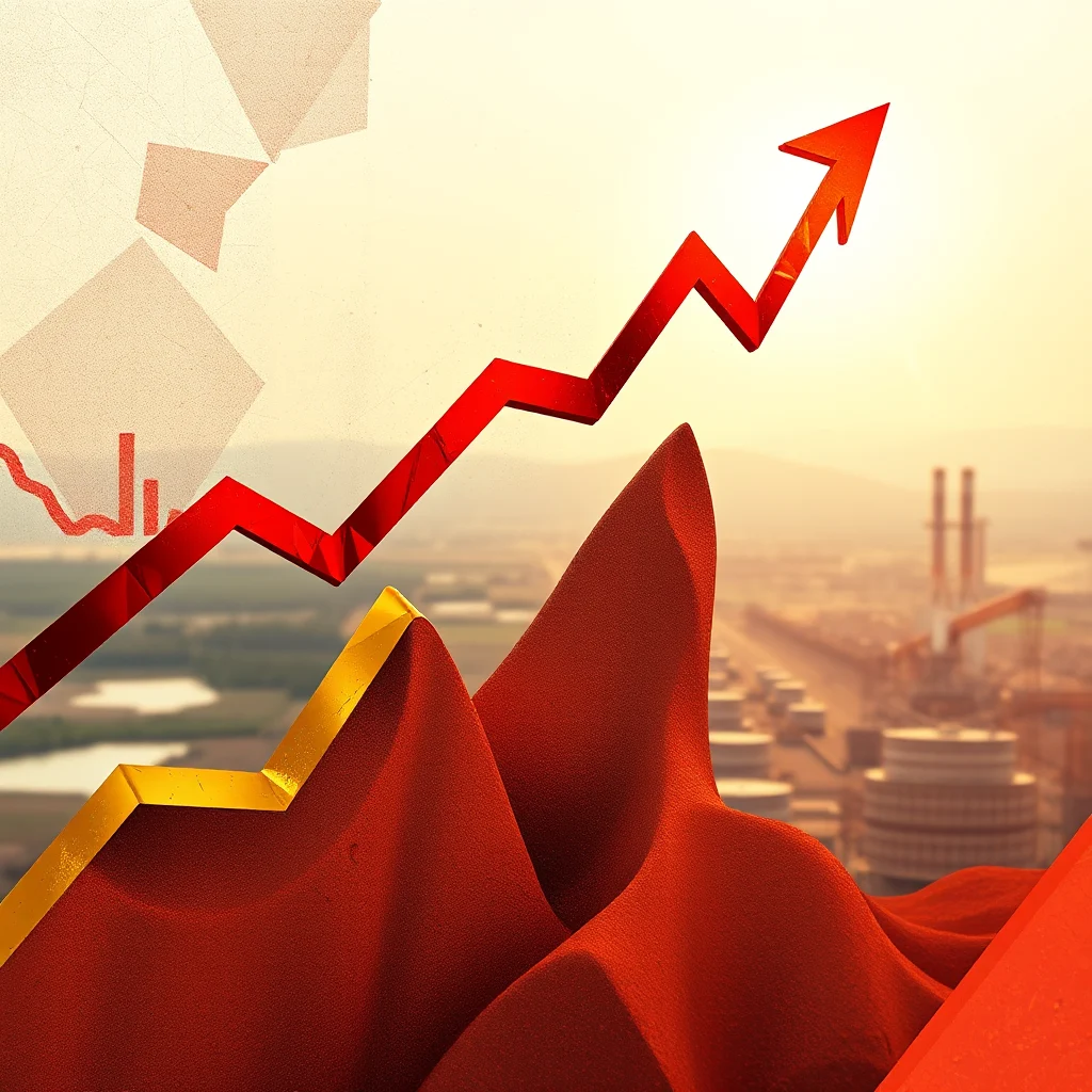 A red arrow graph with a yellow peak in the foreground points upwards over a blurry industrial landscape.