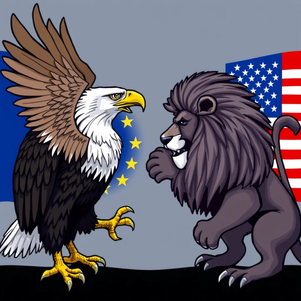 An eagle, symbolizing the EU, faces off against a lion, symbolizing the US, in front of their respective flags.