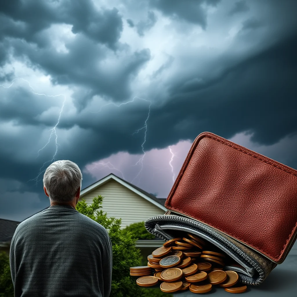 A man looks out at a storm with lightning, with a wallet full of coins in the foreground.