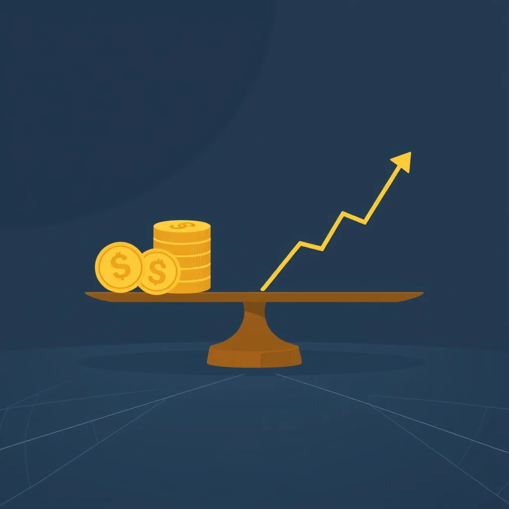 A balance scale is shown with a stack of gold coins on one side and a yellow arrow graph trending upwards on the other.