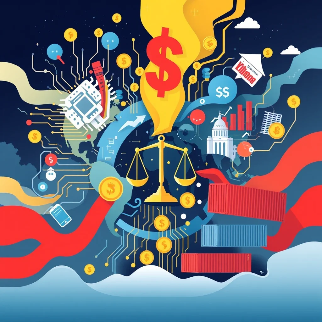 Illustration depicting global finance and trade, featuring a large red dollar sign, a set of scales of justice, shipping containers, a stylized Earth with circuitry, coins, a phone, and abstract wavy lines in red, yellow, and blue against a dark blue starry background.