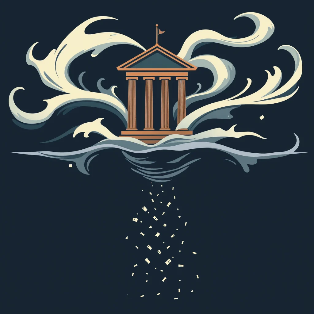 An illustration depicting a classical building with columns, perched precariously on swirling waves and cloudy formations, with a shower of small white rectangular shapes falling from beneath it against a dark blue background.