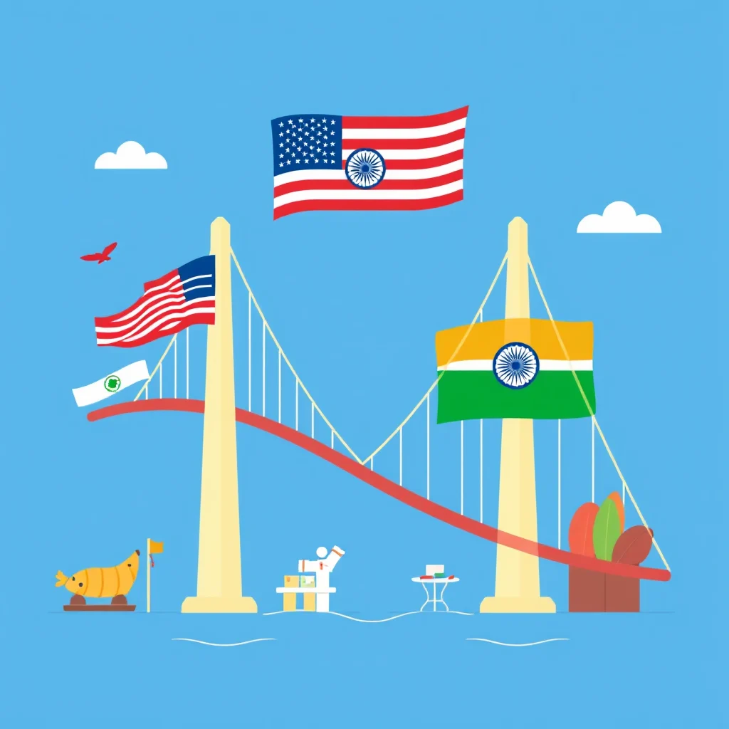 A stylized illustration depicting a suspension bridge with the American flag flying from one tower and the Indian flag flying from the other. The sky is a bright blue with two white clouds. On the left side of the bridge, there is a cartoonish yellow fish with a flag and a red bird flying. On the right side, there are some colorful leaves in a planter. The bridge itself is depicted with a red roadway and white cables.