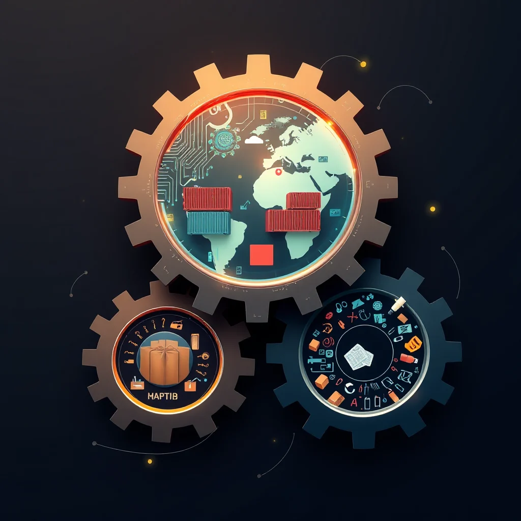 Three interconnected gears with different conceptual illustrations inside, symbolizing global logistics and supply chain management. The largest gear at the top features a stylized globe with shipping containers and digital circuit patterns, representing international trade and technology. The bottom left gear displays stacked cardboard boxes and the text "MAPTIB", suggesting package delivery or logistics services. The bottom right gear contains a collection of various icons and symbols related to business, finance, and data analysis, hinting at the operational and analytical aspects of the supply chain.