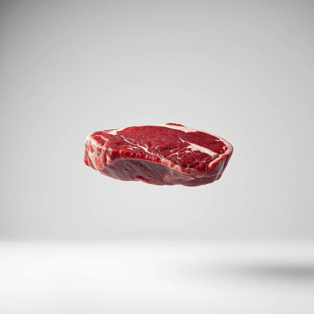 A raw, thick-cut beef steak with visible marbling and a fat cap, floating in front of a gradient gray background with a subtle shadow.