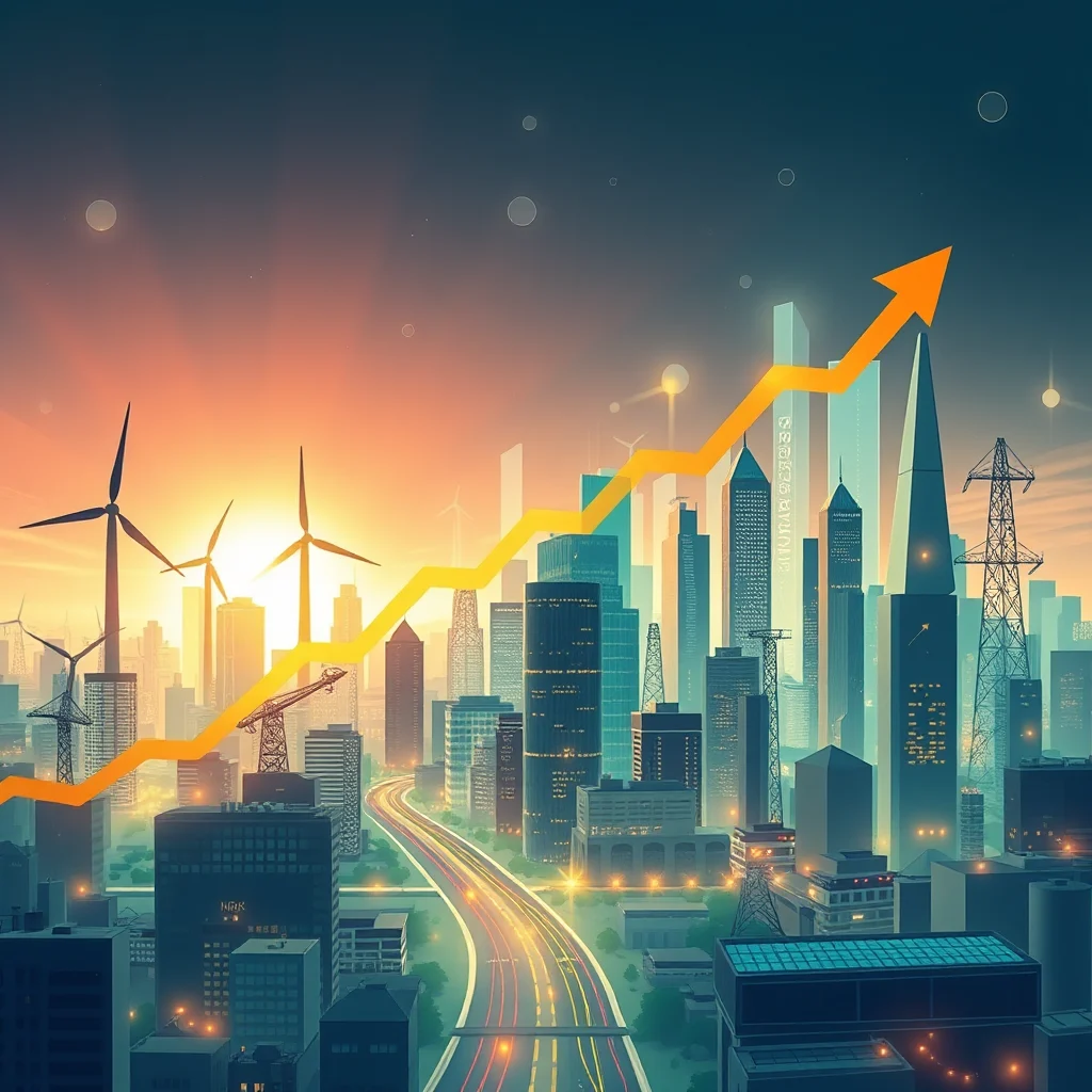 An upward trending yellow arrow graph superimposed over a futuristic cityscape at sunset, with wind turbines and power lines visible.