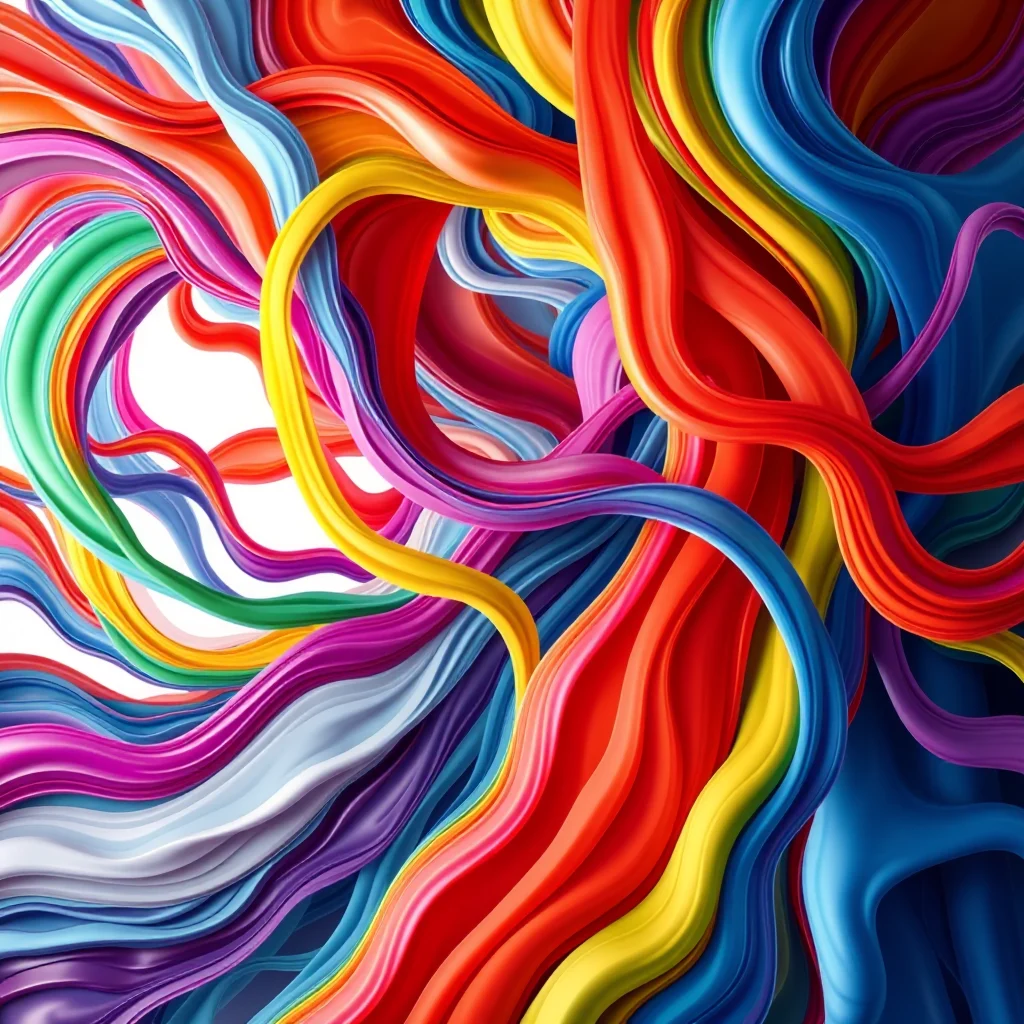 An abstract arrangement of flowing, ribbon-like shapes in a vibrant spectrum of colors, including red, orange, yellow, green, blue, and purple, creating a dynamic and energetic composition.