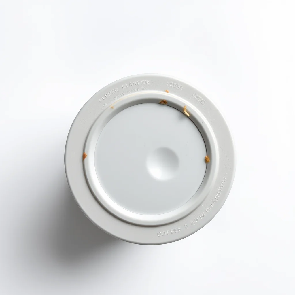 A gray coffee cup lid is viewed from above on a white background. There is a raised rim around the outer edge of the lid, and a circular indentation in the center. The words "COFFEE & ANTI-GRAVITY" are embossed in a circle on the outer rim. There are small brown specks and a thin, light brown strand on the surface of the lid, suggesting dried coffee residue.