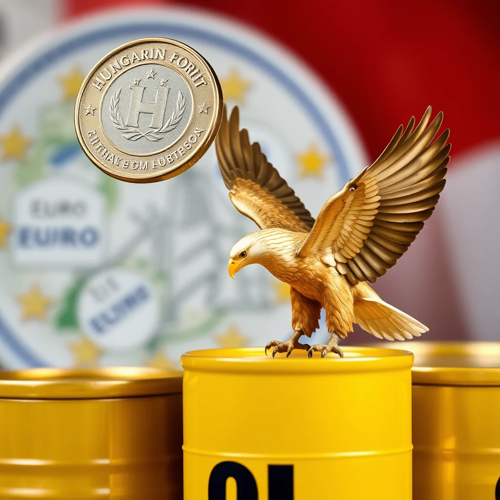 An eagle perched on a yellow oil drum, with a Hungarian Forint coin floating in the air above it.